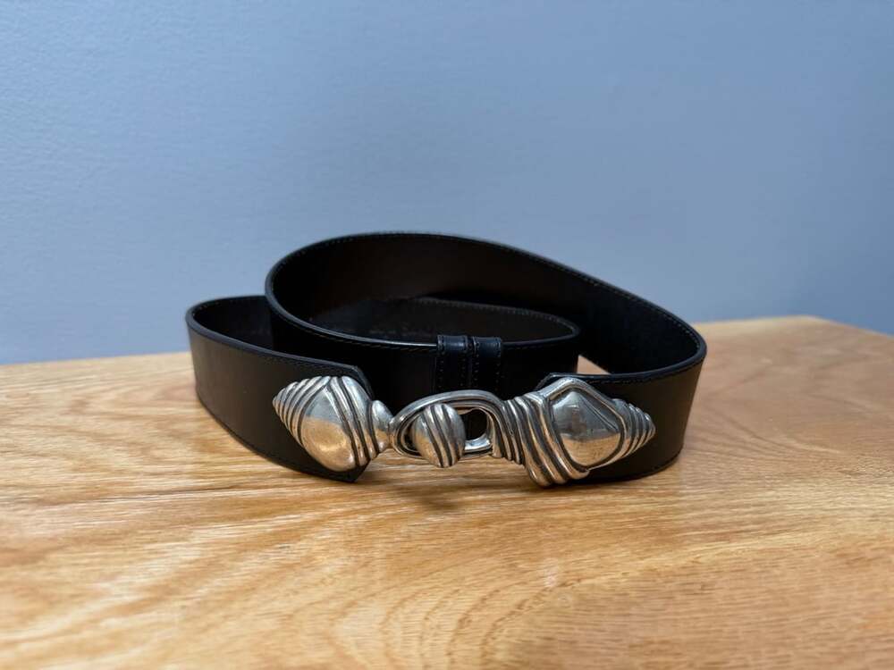 Vintage 90s Olga Santini Black Leather Belt Silver Tone Hook Buckle